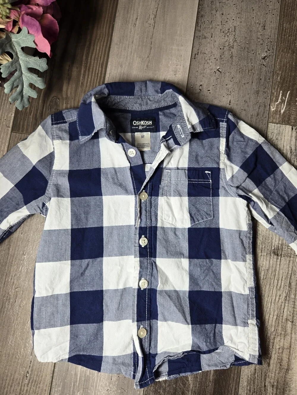 OshKosh B’gosh Boys Blue Buffalo Check Button-Up Shirt – Size 3T